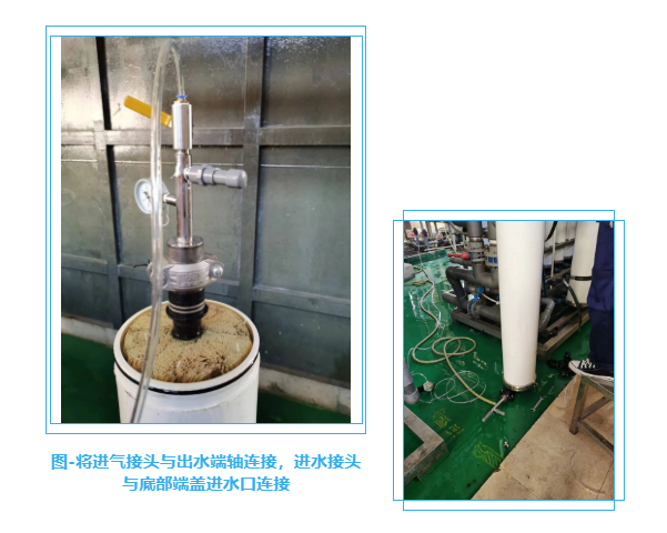 將進(jìn)氣接頭與出水端軸連接，進(jìn)水接頭與底部端蓋進(jìn)水口連接