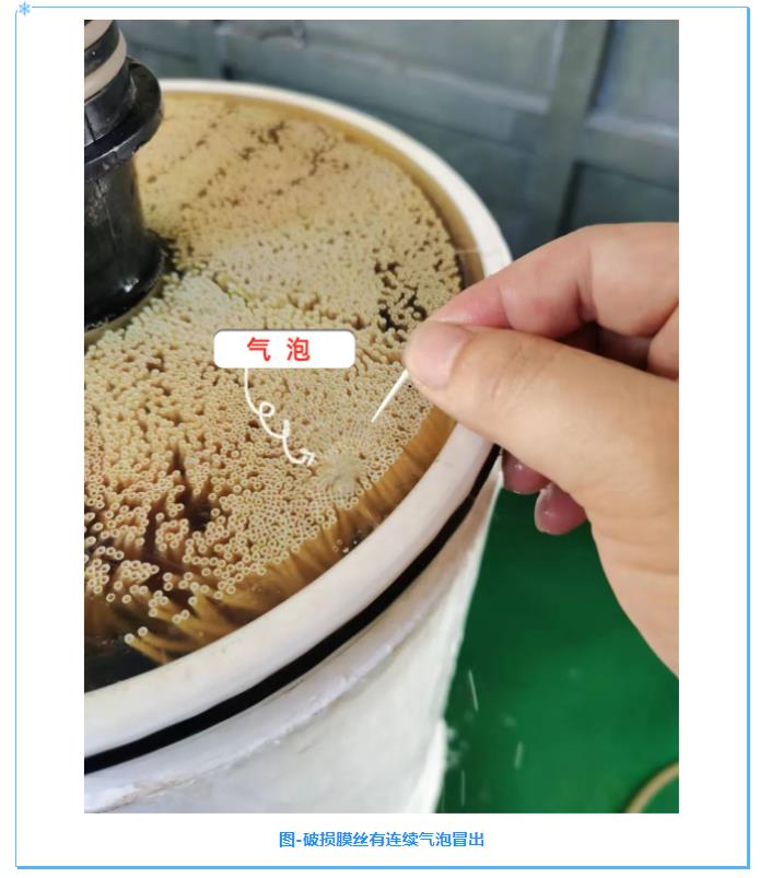 破損膜絲有連續氣泡冒出
